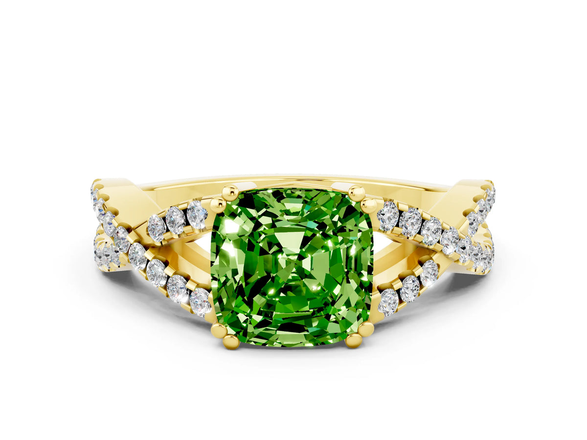 Cushion Cut Peridot Solitaire Ring in Yellow gold with Interwoven Pavé Band and Prong Setting