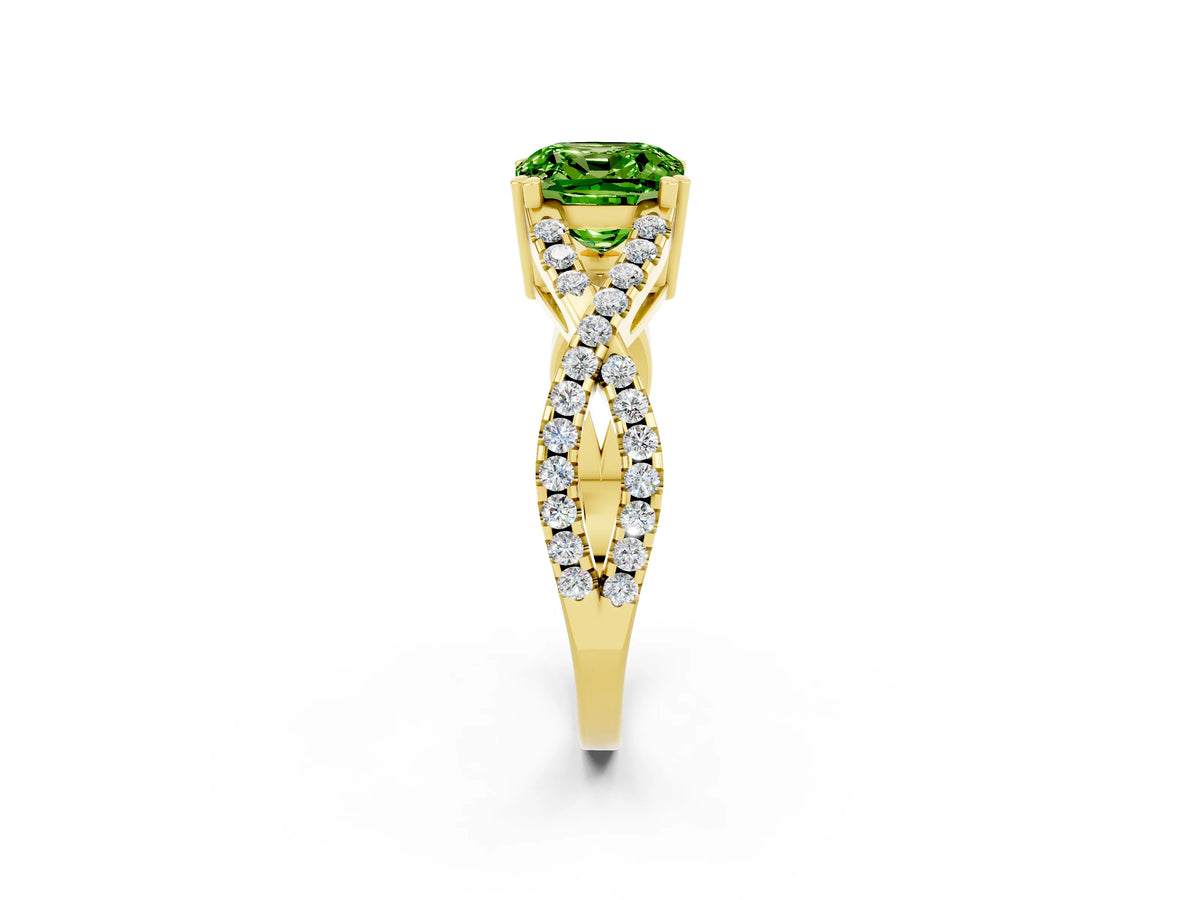 Cushion Cut Peridot Solitaire Ring in Yellow gold with Interwoven Pavé Band and Prong Setting_2
