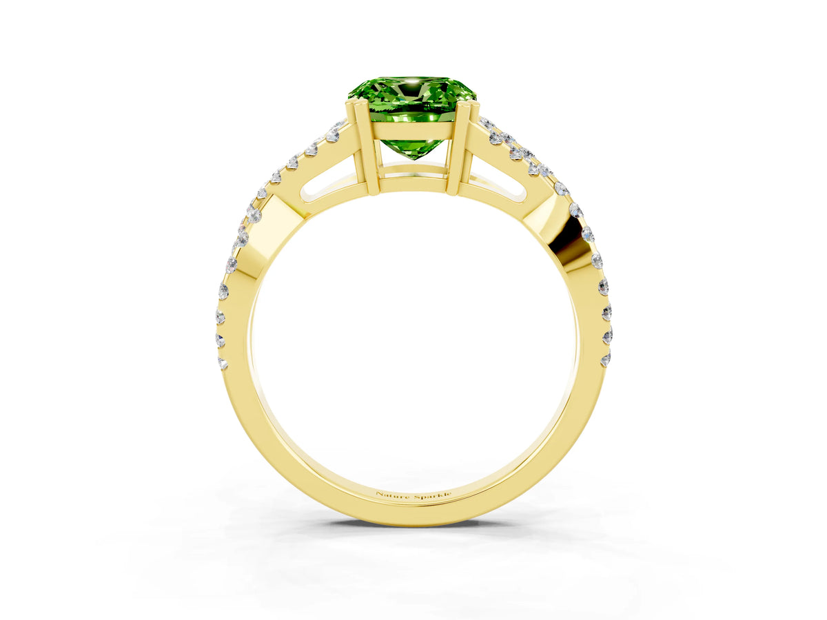 Cushion Cut Peridot Solitaire Ring in Yellow gold with Interwoven Pavé Band and Prong Setting_3