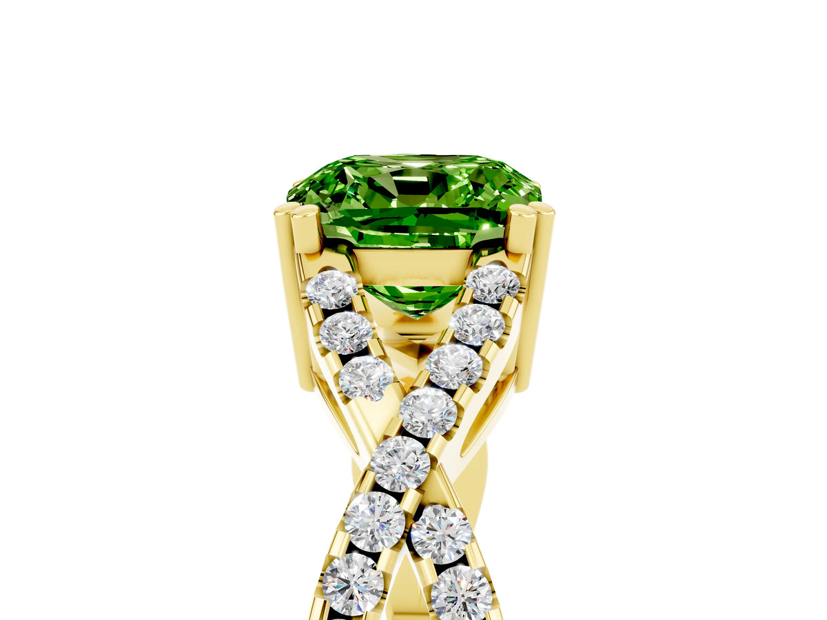 Cushion Cut Peridot Solitaire Ring in Yellow gold with Interwoven Pavé Band and Prong Setting_5