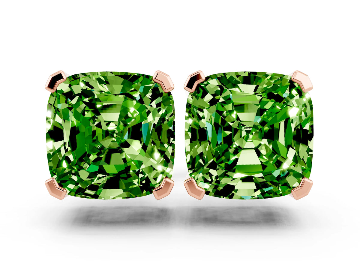Cushion Cut Peridot Stud Earrings in Rose gold with Basket Setting