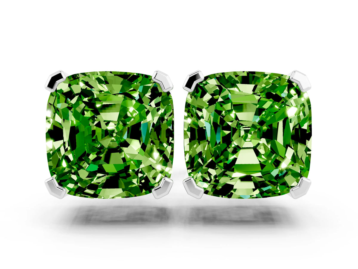Cushion Cut Peridot Stud Earrings in White gold with Basket Setting
