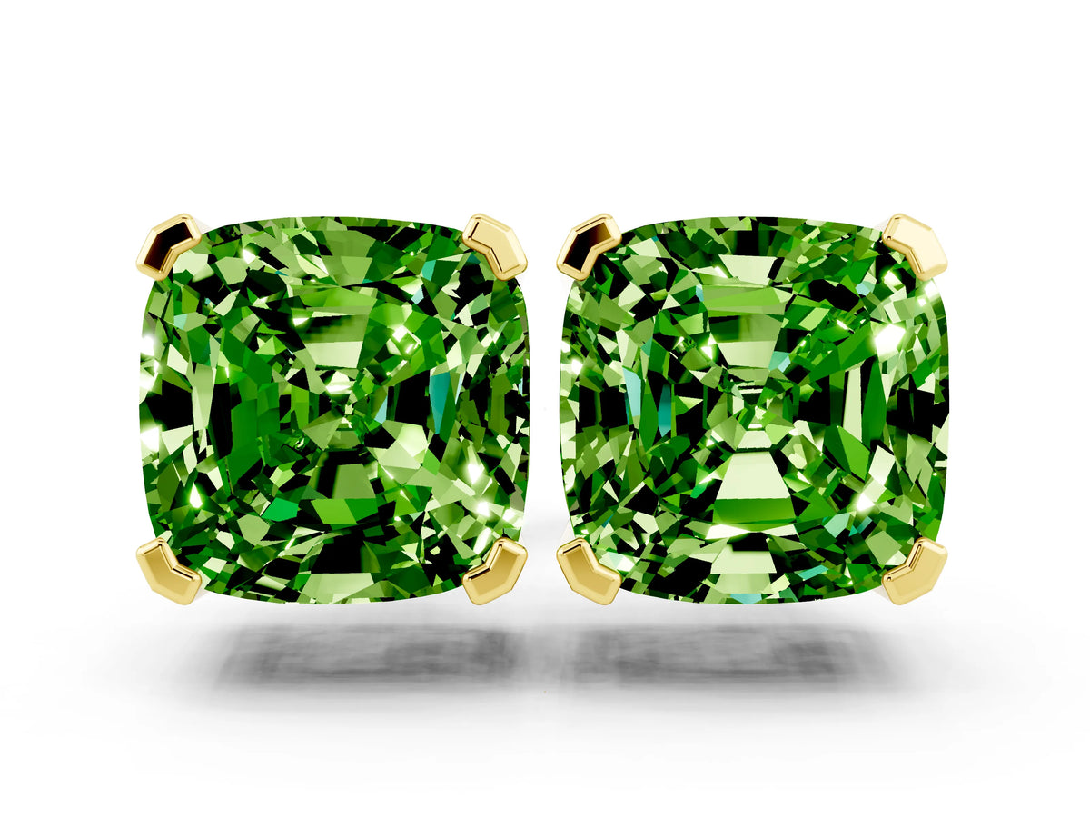 Cushion Cut Peridot Stud Earrings in Yellow gold with Basket Setting