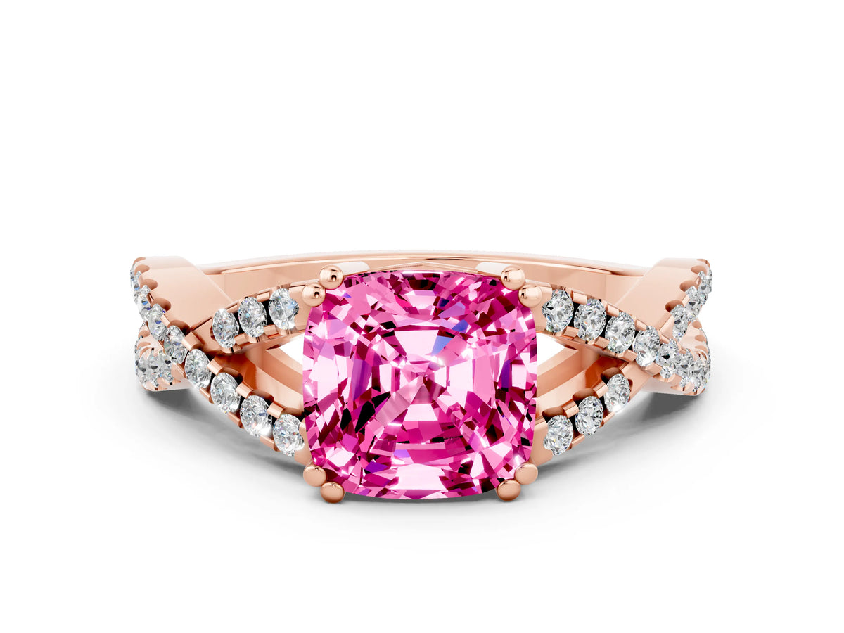 Cushion Cut Pink Sapphire Solitaire Ring in Rose gold with Interwoven Pavé Band and Prong Setting