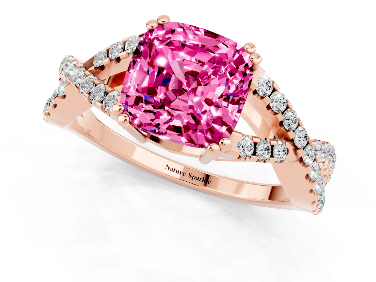 Cushion Cut Pink Sapphire Solitaire Ring in Rose gold with Interwoven Pavé Band and Prong Setting_1