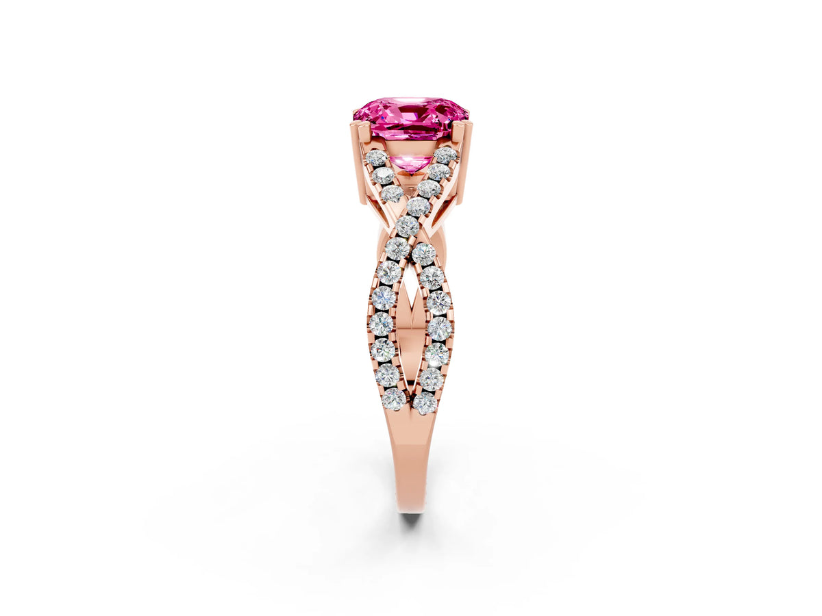 Cushion Cut Pink Sapphire Solitaire Ring in Rose gold with Interwoven Pavé Band and Prong Setting_2