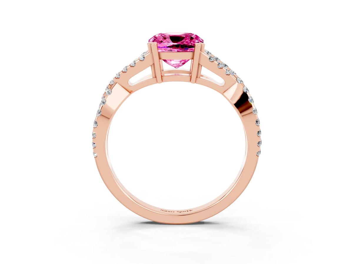 Cushion Cut Pink Sapphire Solitaire Ring in Rose gold with Interwoven Pavé Band and Prong Setting_3