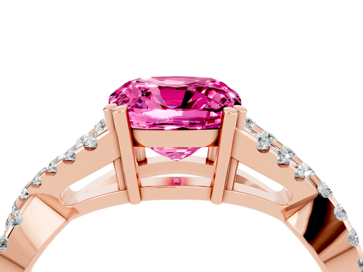 Cushion Cut Pink Sapphire Solitaire Ring in Rose gold with Interwoven Pavé Band and Prong Setting_4