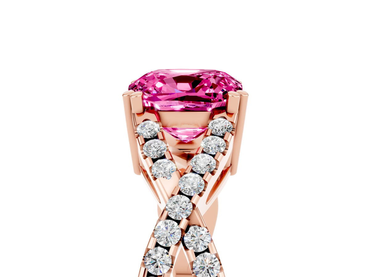 Cushion Cut Pink Sapphire Solitaire Ring in Rose gold with Interwoven Pavé Band and Prong Setting_5