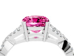 Cushion Cut Pink Sapphire Solitaire Ring in Silver with Interwoven Pavé Band and Prong Setting_10