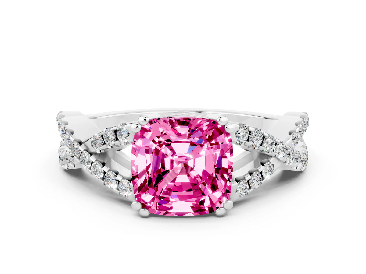 Cushion Cut Pink Sapphire Solitaire Ring in Silver with Interwoven Pavé Band and Prong Setting_6