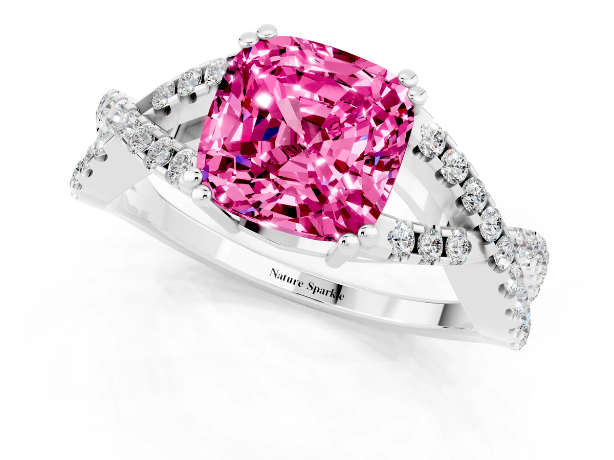 Cushion Cut Pink Sapphire Solitaire Ring in Silver with Interwoven Pavé Band and Prong Setting_7