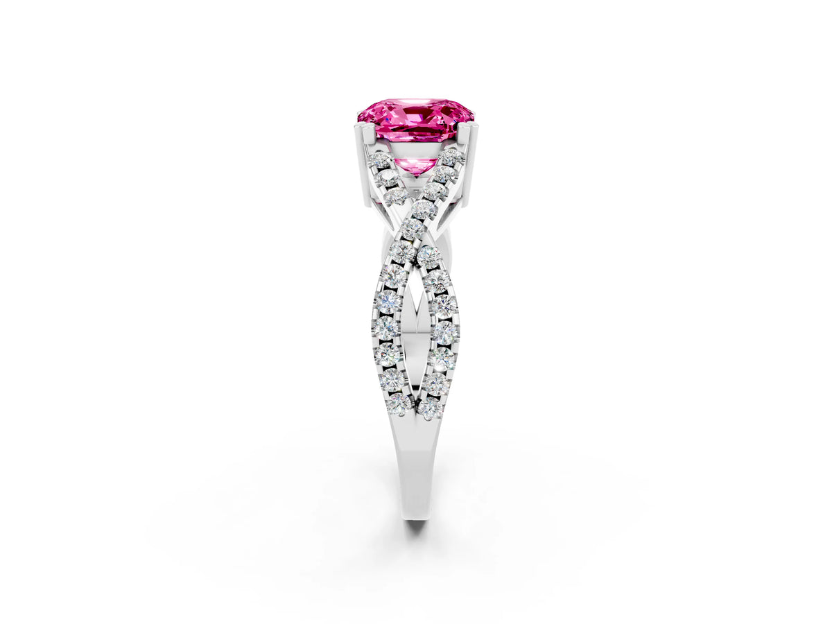 Cushion Cut Pink Sapphire Solitaire Ring in Silver with Interwoven Pavé Band and Prong Setting_8