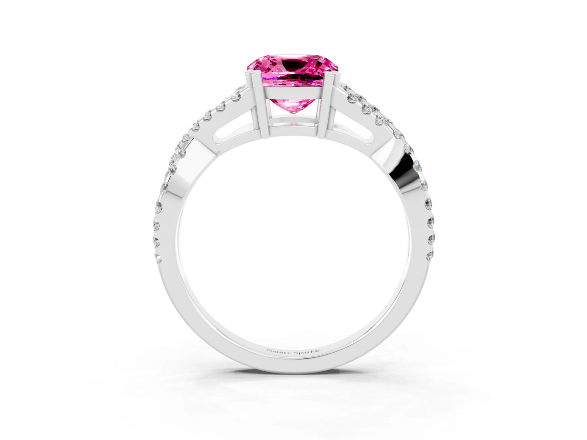 Cushion Cut Pink Sapphire Solitaire Ring in Silver with Interwoven Pavé Band and Prong Setting_9
