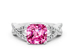 Cushion Cut Pink Sapphire Solitaire Ring in White gold with Interwoven Pavé Band and Prong Setting