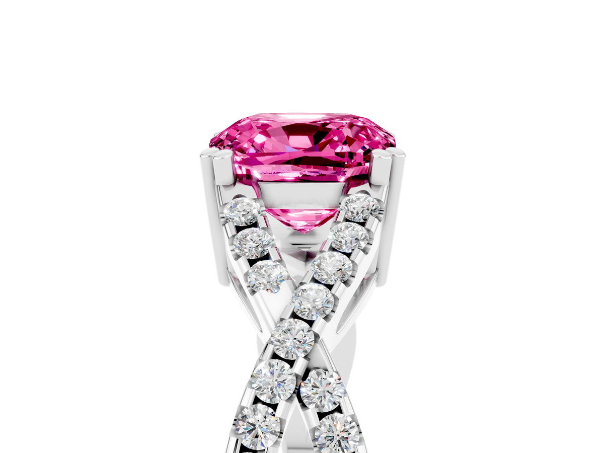 Cushion Cut Pink Sapphire Solitaire Ring in White gold with Interwoven Pavé Band and Prong Setting_5