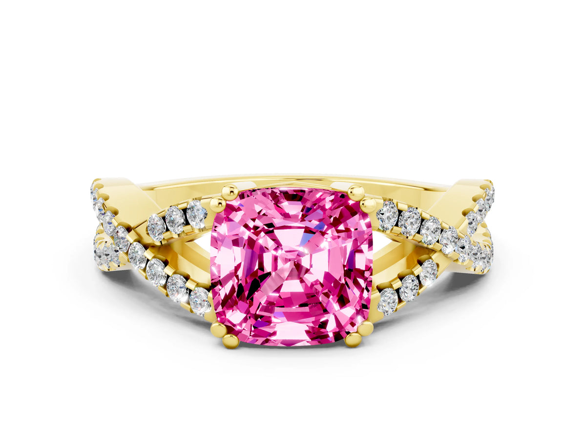 Cushion Cut Pink Sapphire Solitaire Ring in Yellow gold with Interwoven Pavé Band and Prong Setting