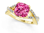 Cushion Cut Pink Sapphire Solitaire Ring in Yellow gold with Interwoven Pavé Band and Prong Setting_1