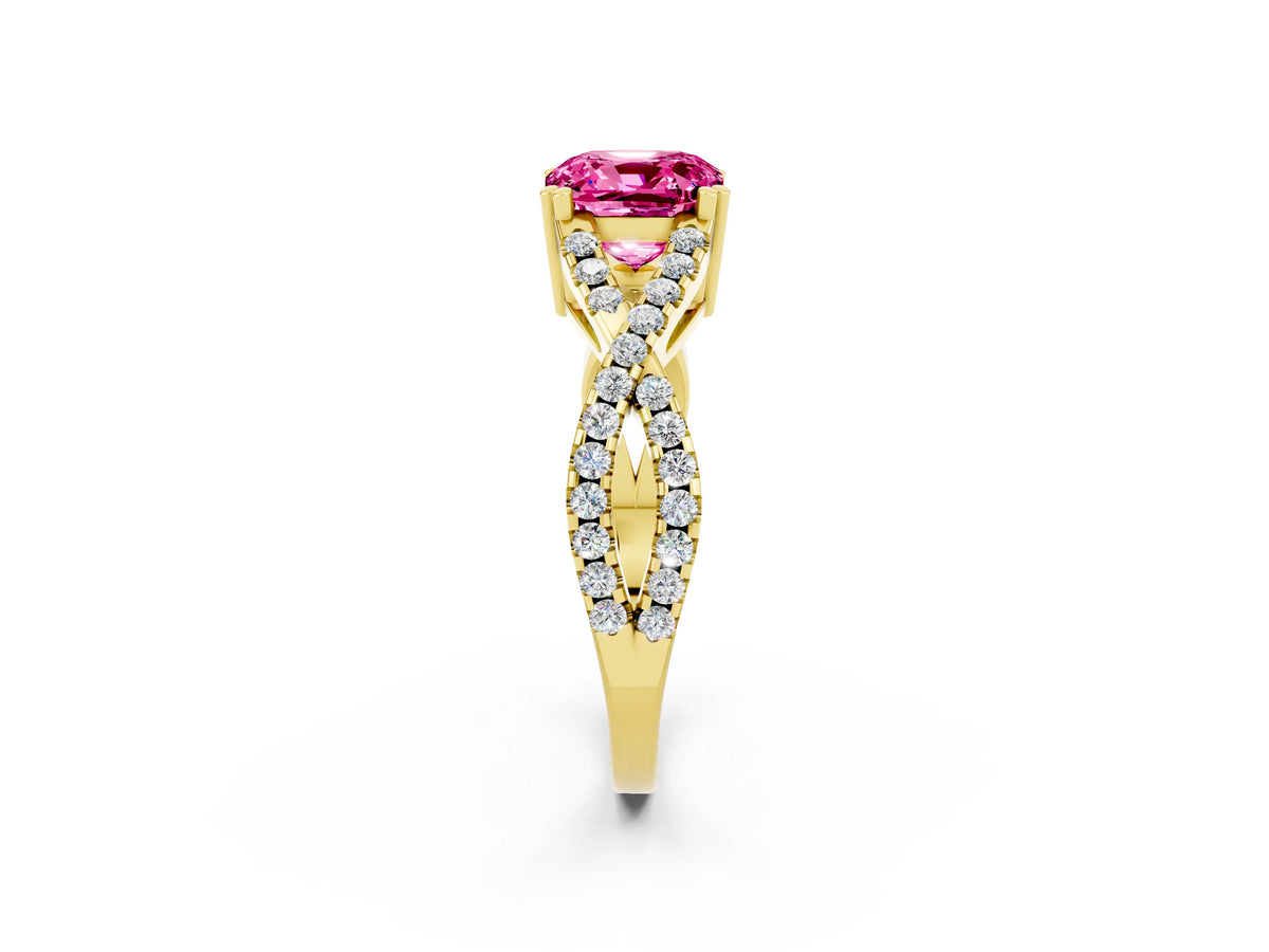 Cushion Cut Pink Sapphire Solitaire Ring in Yellow gold with Interwoven Pavé Band and Prong Setting_2