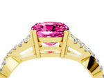 Cushion Cut Pink Sapphire Solitaire Ring in Yellow gold with Interwoven Pavé Band and Prong Setting_4