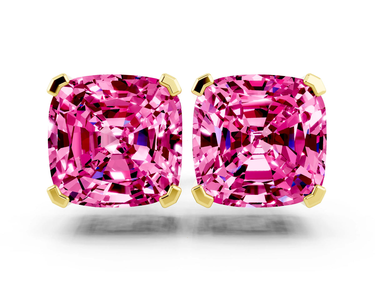 Cushion Cut Pink Sapphire Stud Earrings in Yellow gold with Basket Setting