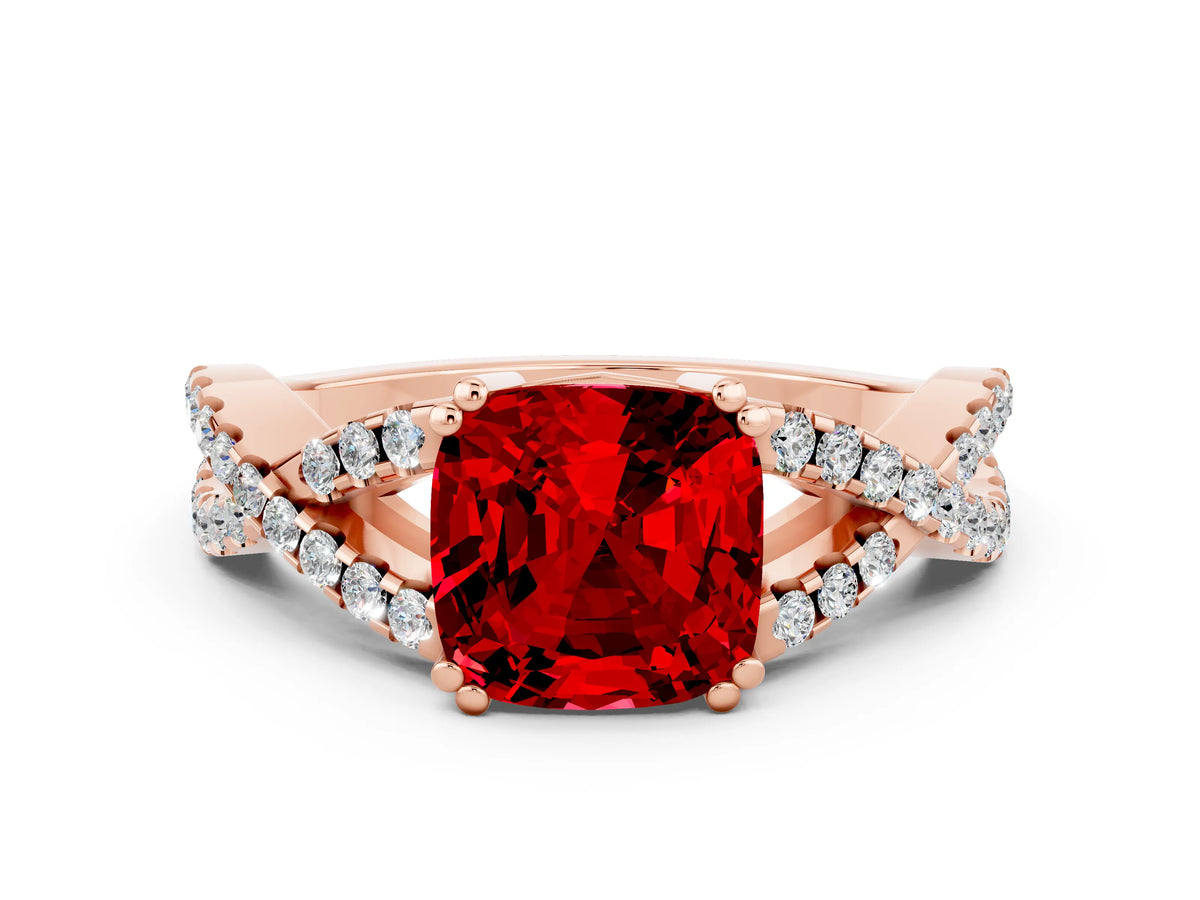 Cushion Cut Ruby Solitaire Ring in Rose gold with Interwoven Pavé Band and Prong Setting