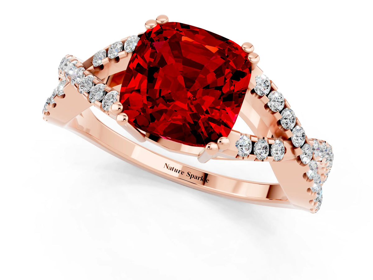 Cushion Cut Ruby Solitaire Ring in Rose gold with Interwoven Pavé Band and Prong Setting_1