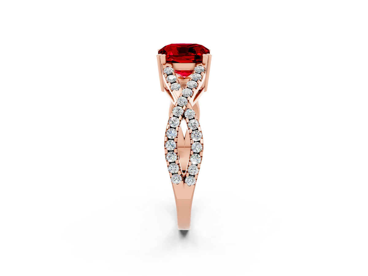 Cushion Cut Ruby Solitaire Ring in Rose gold with Interwoven Pavé Band and Prong Setting_2