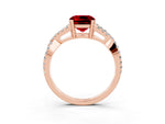 Cushion Cut Ruby Solitaire Ring in Rose gold with Interwoven Pavé Band and Prong Setting_3