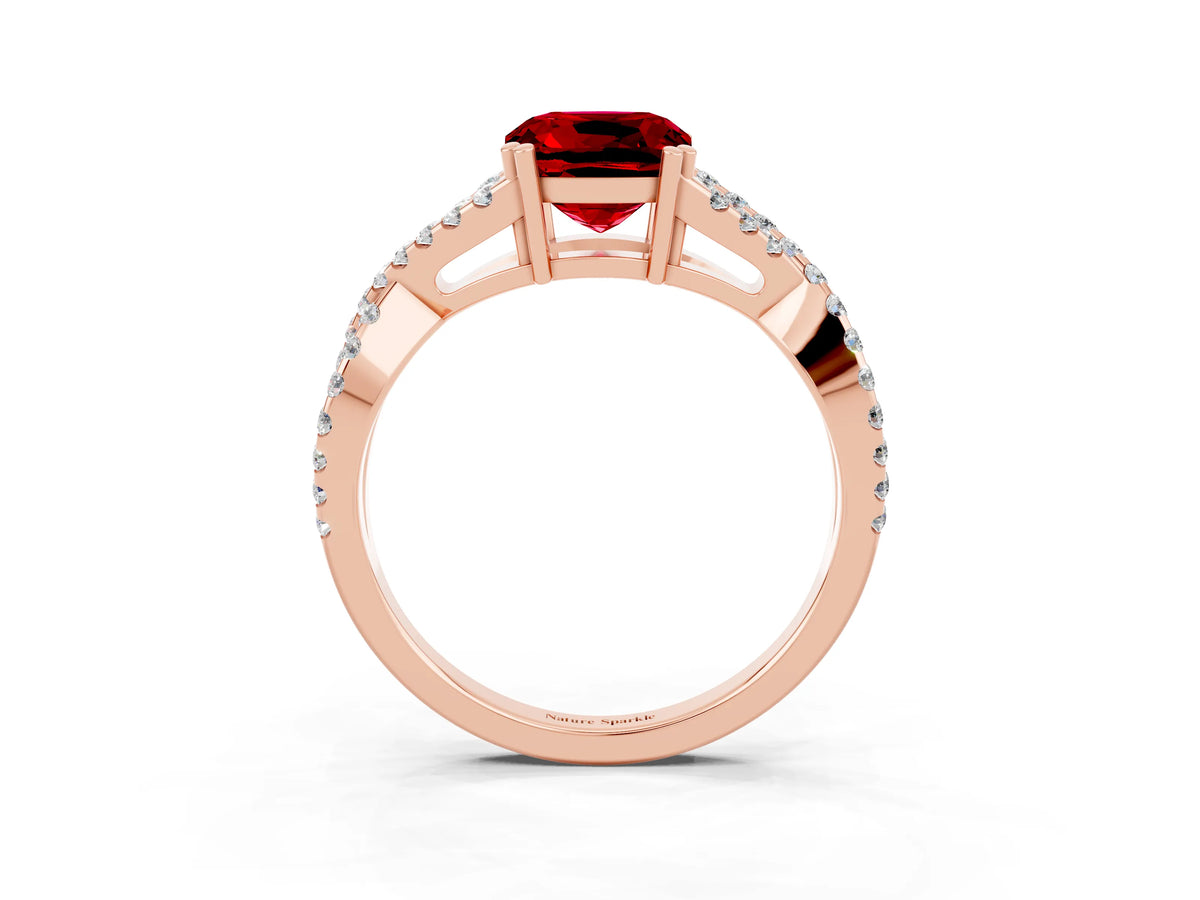 Cushion Cut Ruby Solitaire Ring in Rose gold with Interwoven Pavé Band and Prong Setting_3