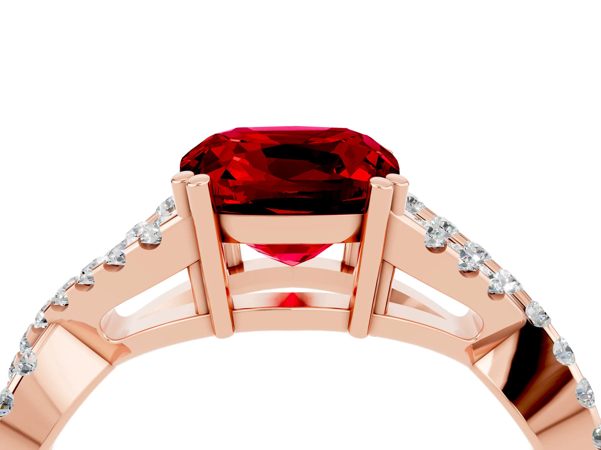 Cushion Cut Ruby Solitaire Ring in Rose gold with Interwoven Pavé Band and Prong Setting_4