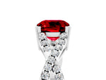 Cushion Cut Ruby Solitaire Ring in Silver with Interwoven Pavé Band and Prong Setting_11