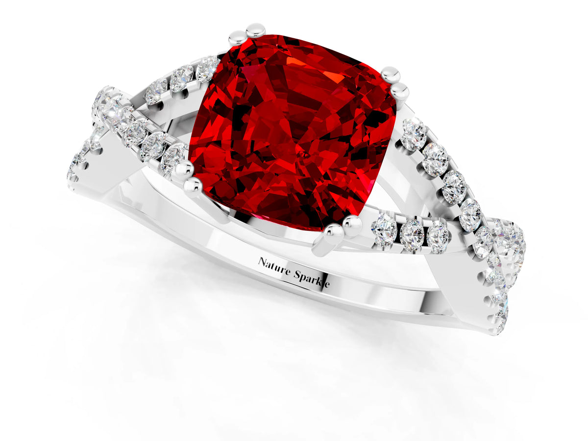 Cushion Cut Ruby Solitaire Ring in Silver with Interwoven Pavé Band and Prong Setting_7