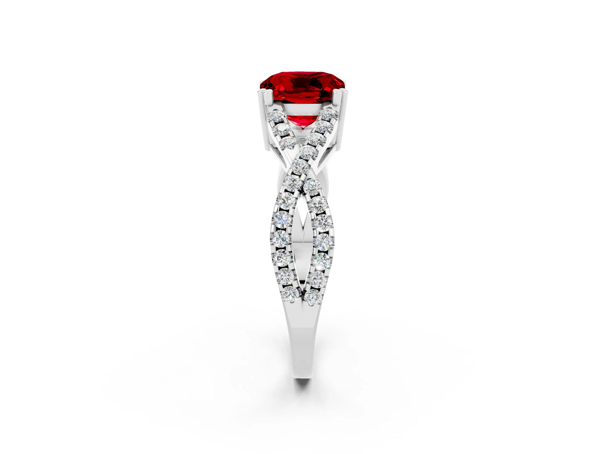 Cushion Cut Ruby Solitaire Ring in Silver with Interwoven Pavé Band and Prong Setting_8
