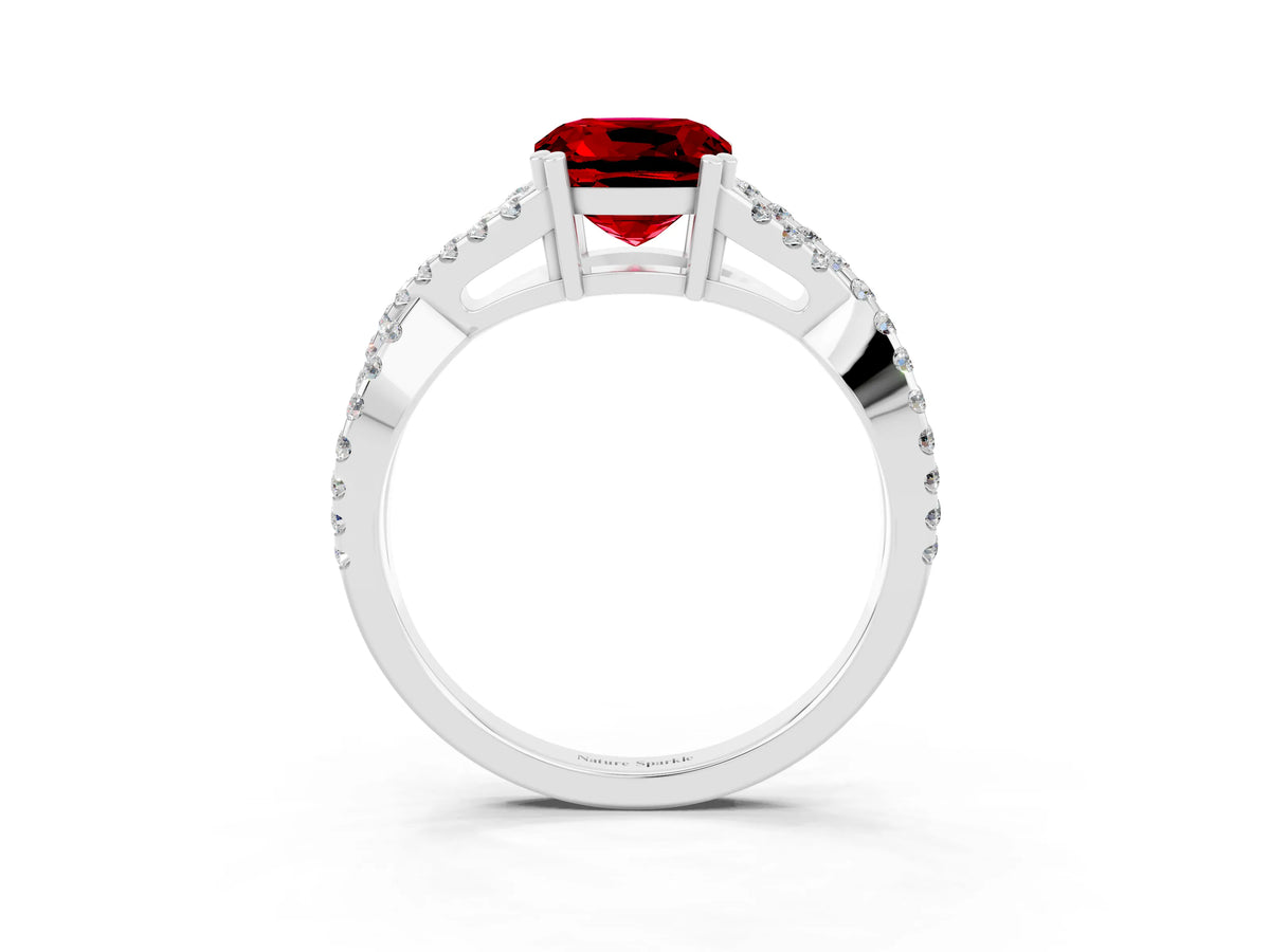 Cushion Cut Ruby Solitaire Ring in White gold with Interwoven Pavé Band and Prong Setting_3