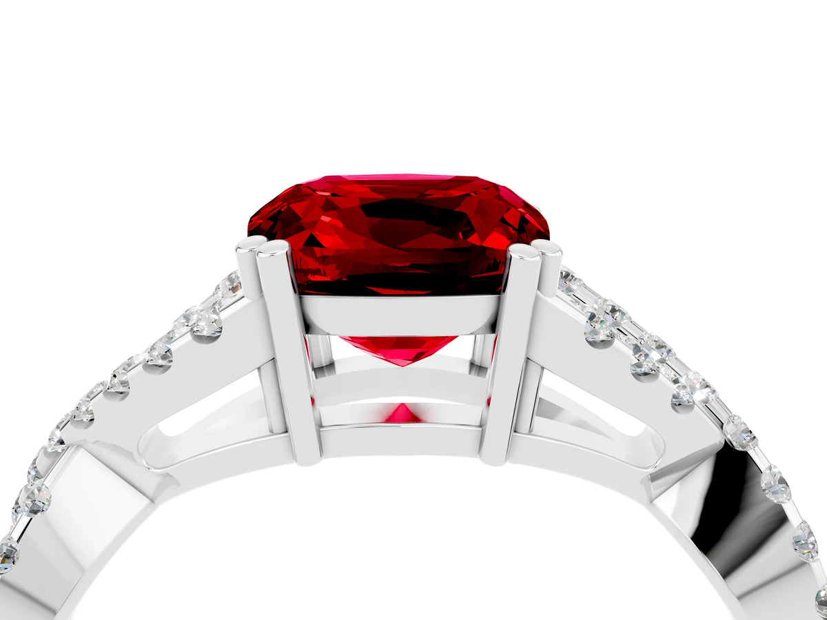 Cushion Cut Ruby Solitaire Ring in White gold with Interwoven Pavé Band and Prong Setting_4