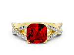 Cushion Cut Ruby Solitaire Ring in Yellow gold with Interwoven Pavé Band and Prong Setting