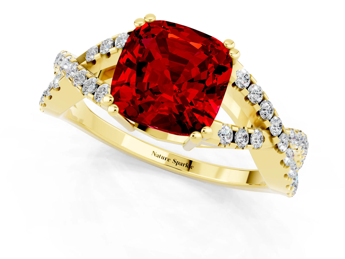 Cushion Cut Ruby Solitaire Ring in Yellow gold with Interwoven Pavé Band and Prong Setting_1