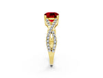 Cushion Cut Ruby Solitaire Ring in Yellow gold with Interwoven Pavé Band and Prong Setting_2