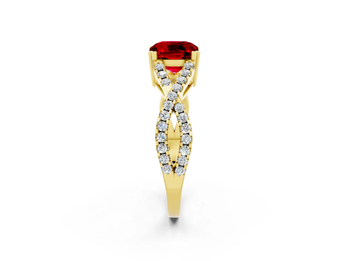 Cushion Cut Ruby Solitaire Ring in Yellow gold with Interwoven Pavé Band and Prong Setting_2