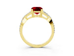 Cushion Cut Ruby Solitaire Ring in Yellow gold with Interwoven Pavé Band and Prong Setting_3