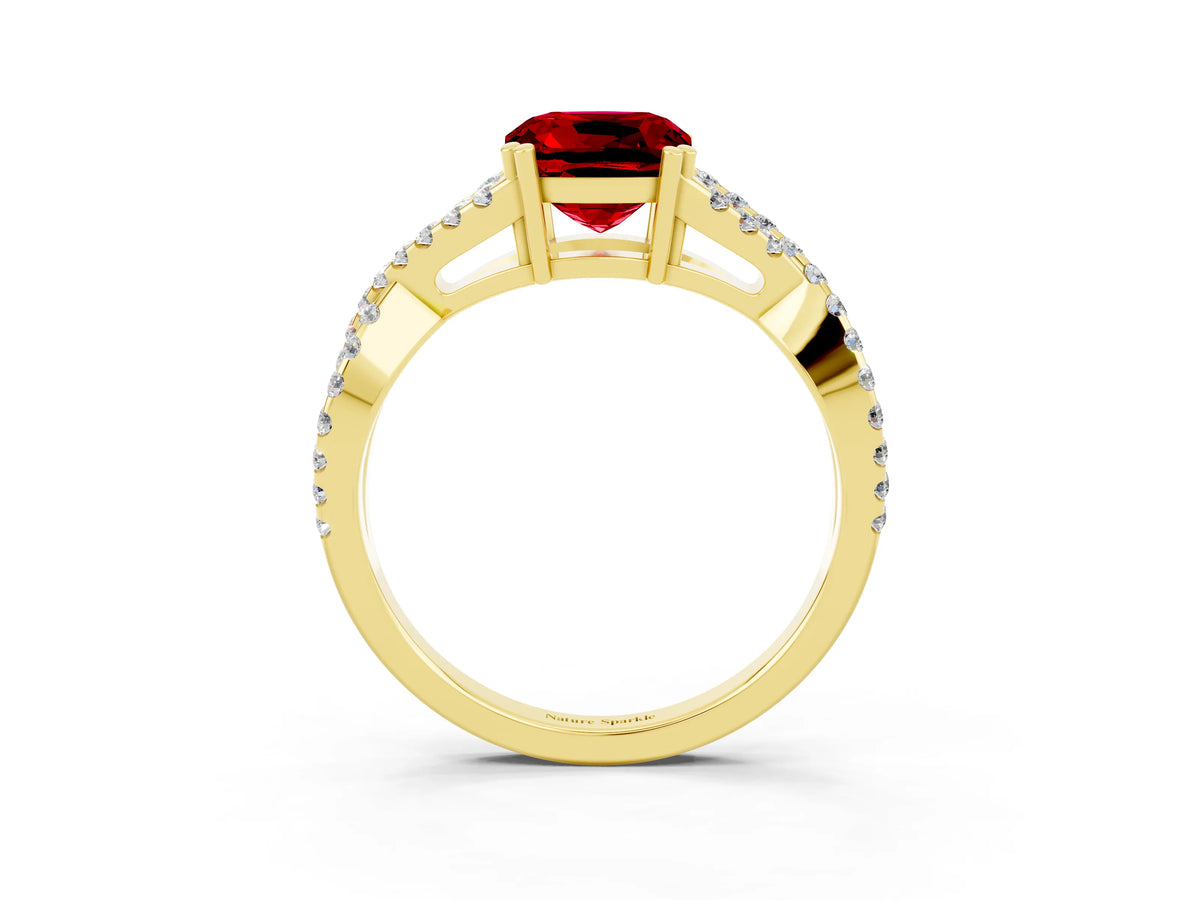 Cushion Cut Ruby Solitaire Ring in Yellow gold with Interwoven Pavé Band and Prong Setting_3