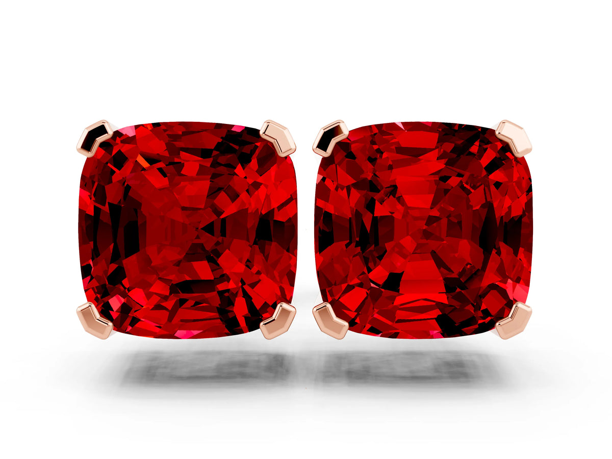 Cushion Cut Ruby Stud Earrings in Rose gold with Basket Setting