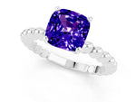 Cushion Cut Tanzanite Solitaire Ring in Platinum with Textured Beaded Band and Prong Setting_1