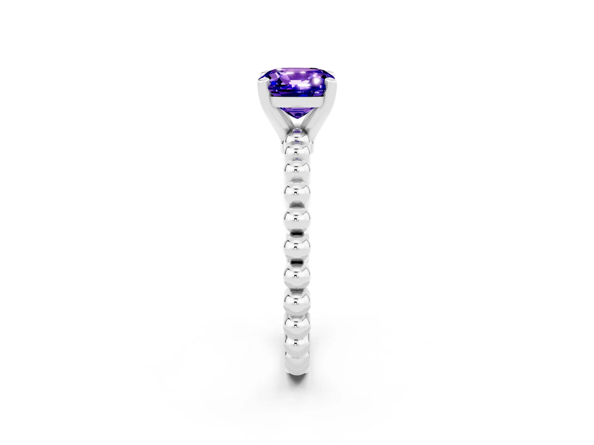 Cushion Cut Tanzanite Solitaire Ring in Platinum with Textured Beaded Band and Prong Setting_2