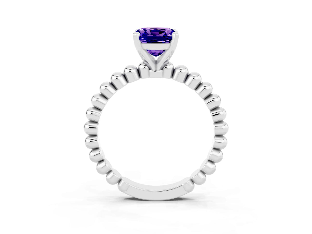 Cushion Cut Tanzanite Solitaire Ring in Platinum with Textured Beaded Band and Prong Setting_3