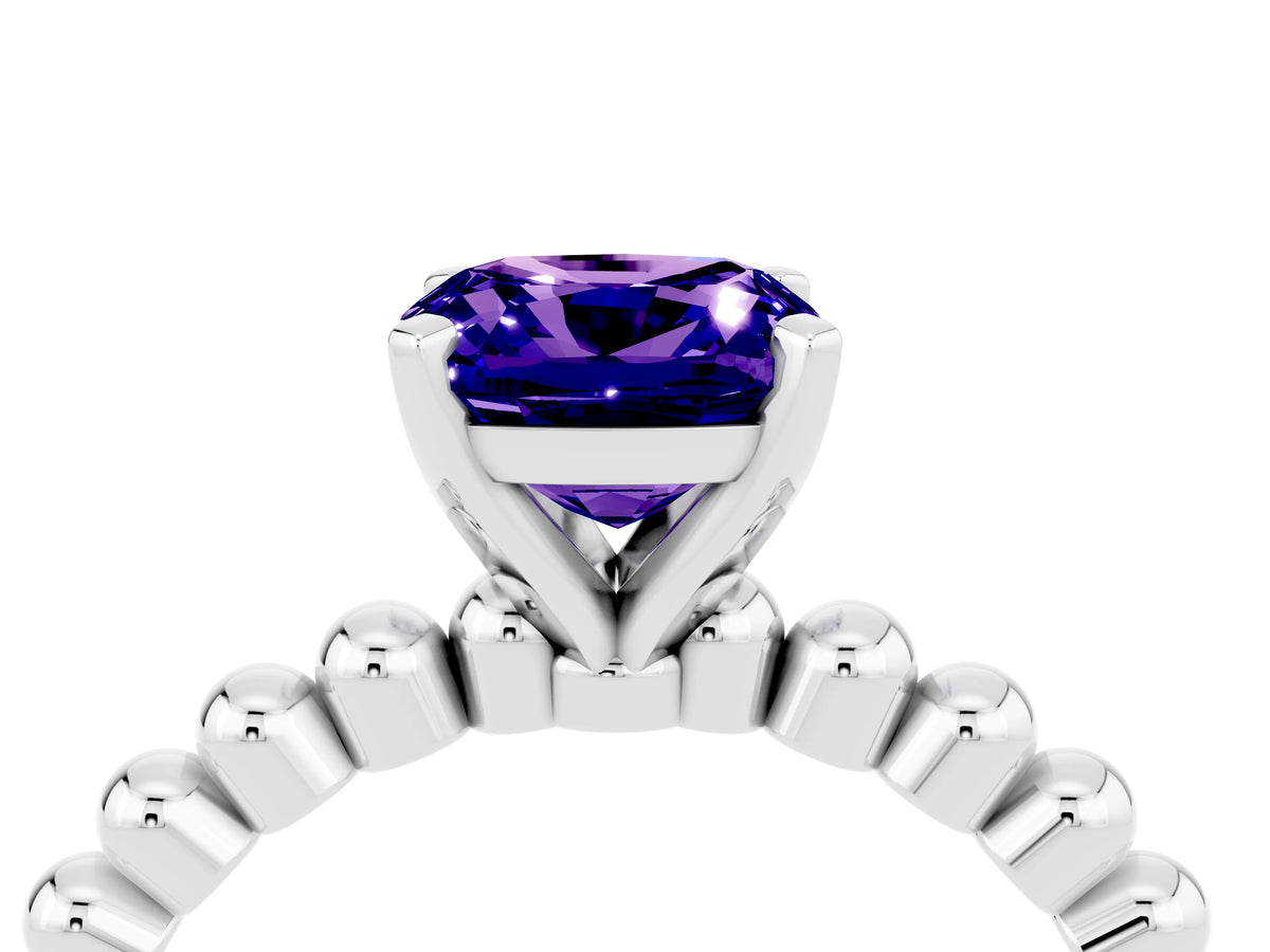 Cushion Cut Tanzanite Solitaire Ring in Platinum with Textured Beaded Band and Prong Setting_4