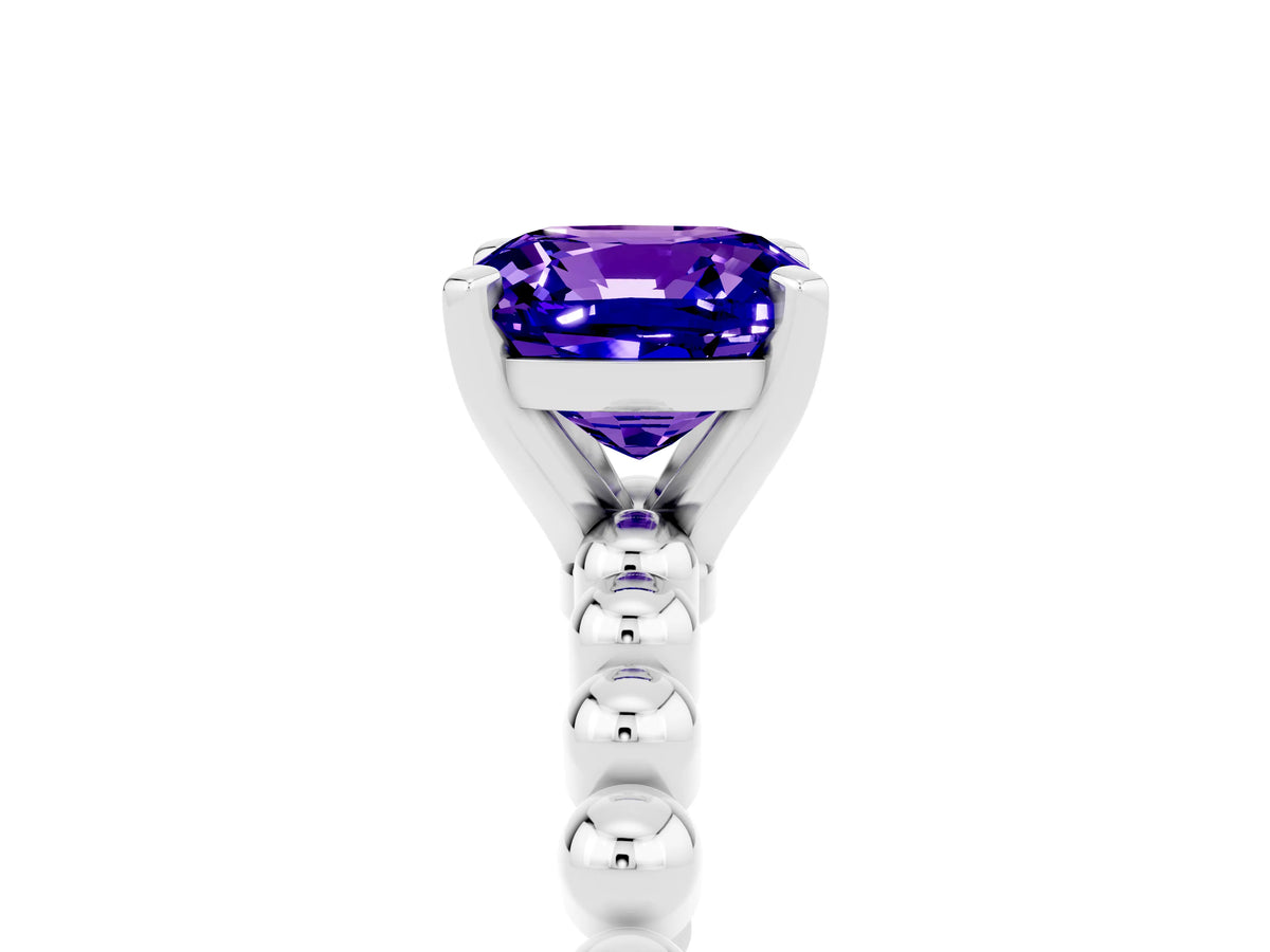 Cushion Cut Tanzanite Solitaire Ring in Platinum with Textured Beaded Band and Prong Setting_5
