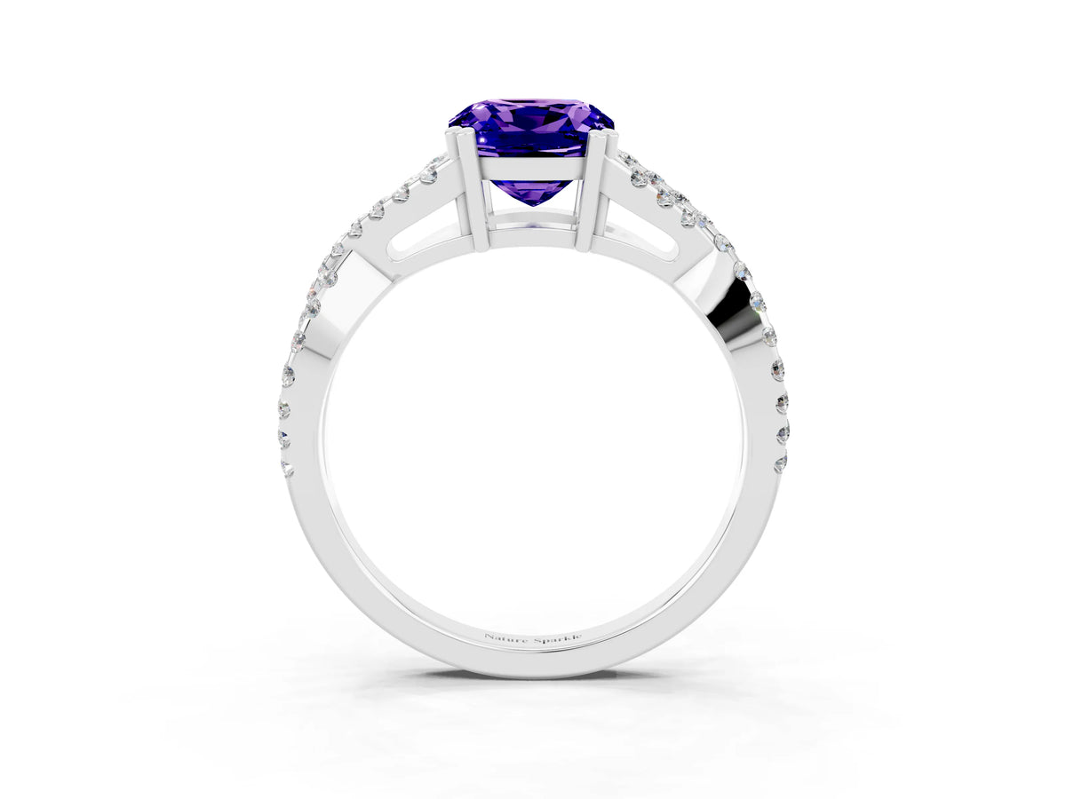 Cushion Cut Tanzanite Solitaire Ring in Silver with Interwoven Pavé Band and Prong Setting_9