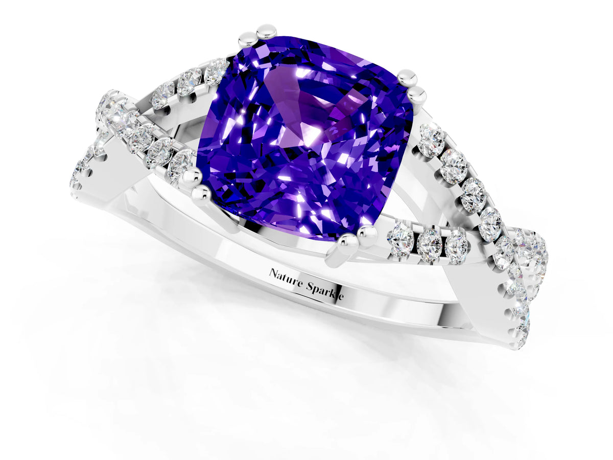 Cushion Cut Tanzanite Solitaire Ring in White gold with Interwoven Pavé Band and Prong Setting_1